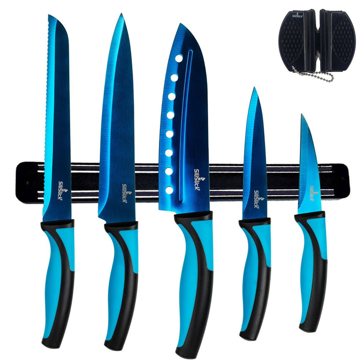 SiliSlick 5-Piece Kitchen Knife Set Blue Handle Non-Stick Blades Magnetic Rack Image 1