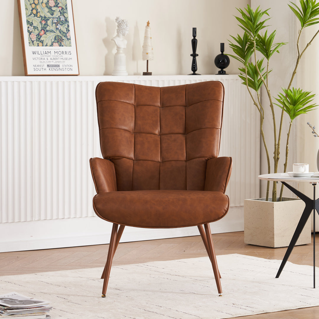 Faux Leather Accent Chair, Upholstered High Backrest Arm Chair with Solid Metal Legs, Sofa Chair for Bedroom, Living Image 6