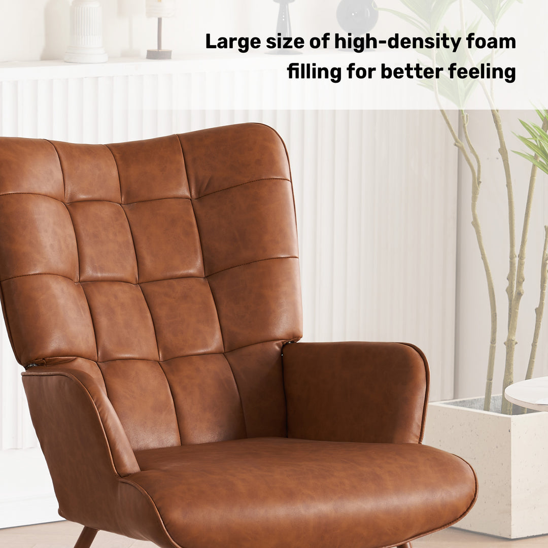 Faux Leather Accent Chair, Upholstered High Backrest Arm Chair with Solid Metal Legs, Sofa Chair for Bedroom, Living Image 9