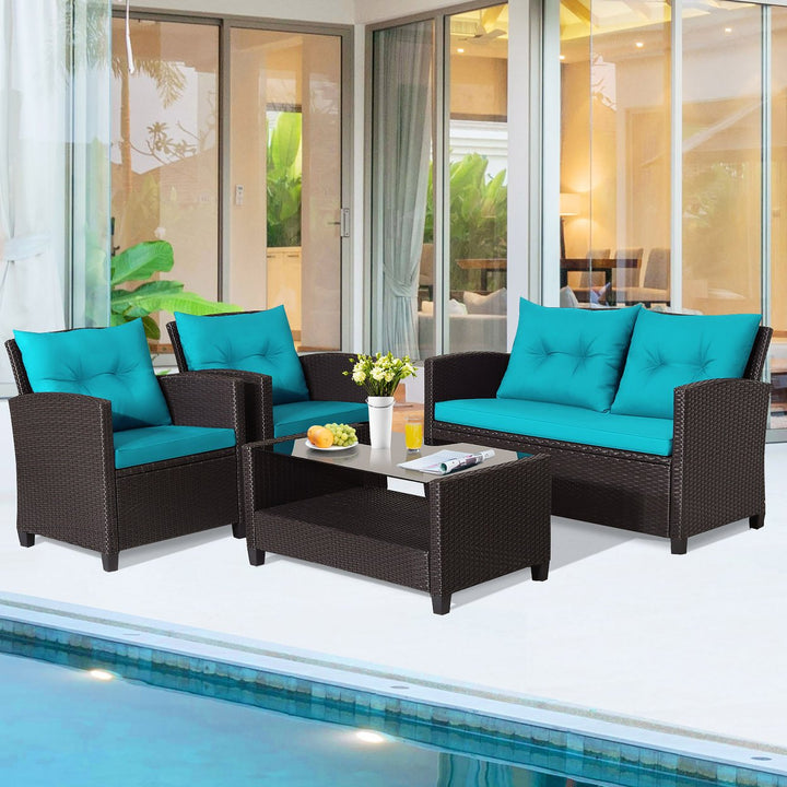 4PCS Outdoor Conversation Set Patio PE Rattan Set w/ Glass Table and Sofa Cushions Image 6