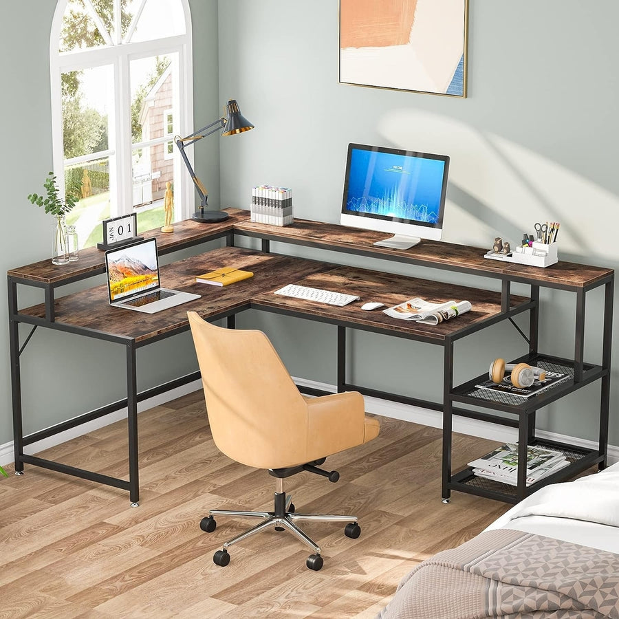Tribesigns 69 Inch L Shaped Desk with Monitor Stand, Large Reversible Corner Desk with Storage Shelf Image 1