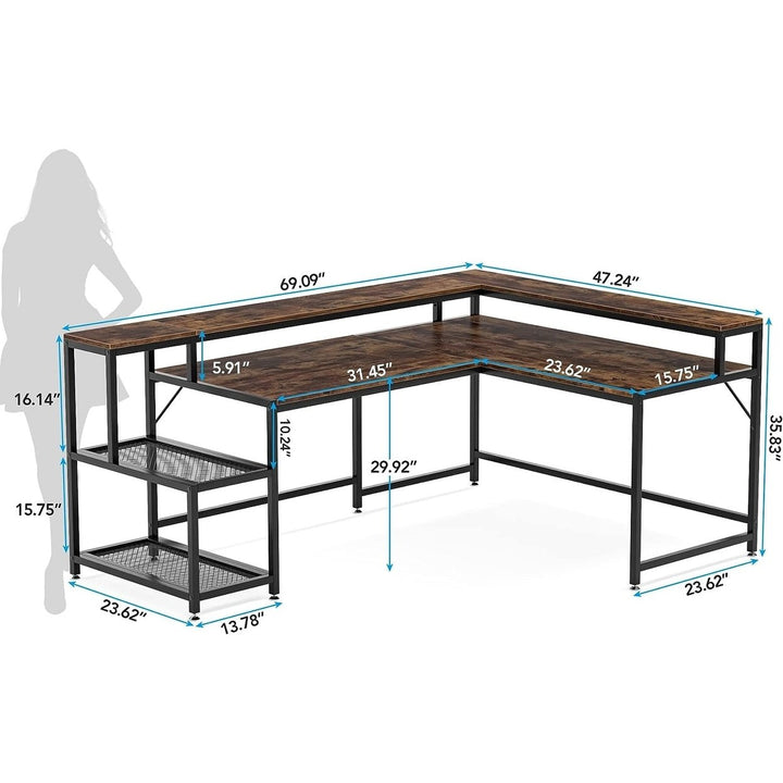 Tribesigns 69 Inch L Shaped Desk with Monitor Stand and Storage Shelf Reversible Image 3