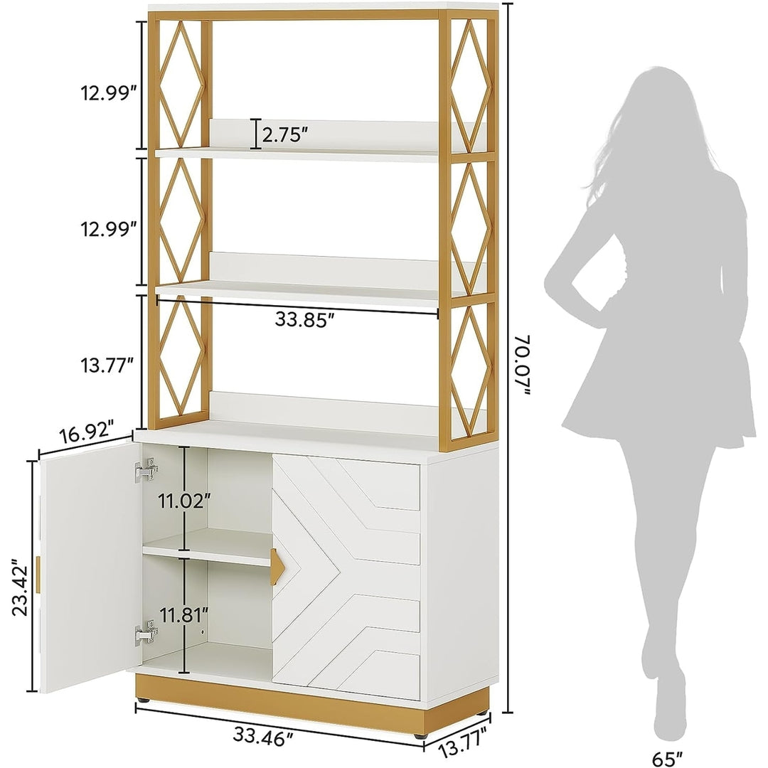 Tribesigns 70.9" Tall Bookshelf White Gold Etagere Bookcase 3 Shelves 2 Cabinets Image 2