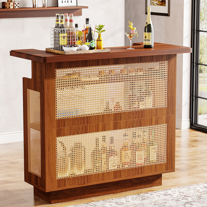 Tribesigns Rattan Home Bar Unit, Farmhouse 4-Tier Bar Table with 4 Stemware Racks and Heightened Base Image 4