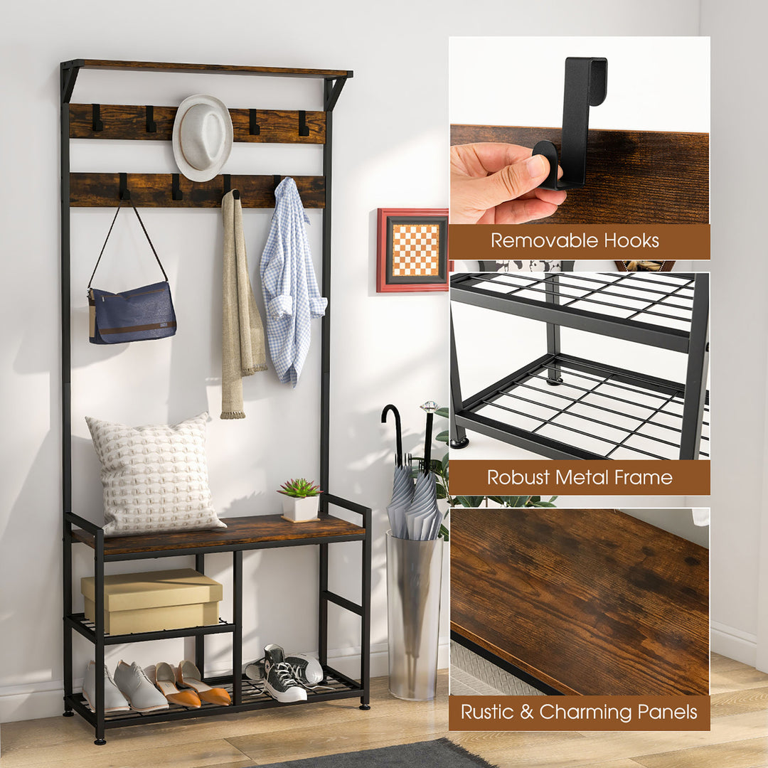 72 Freestanding Hall Tree 4-in-1 Coat Rack Shoe Bench w/ Top Shelf and 9 Removable Hooks Image 5