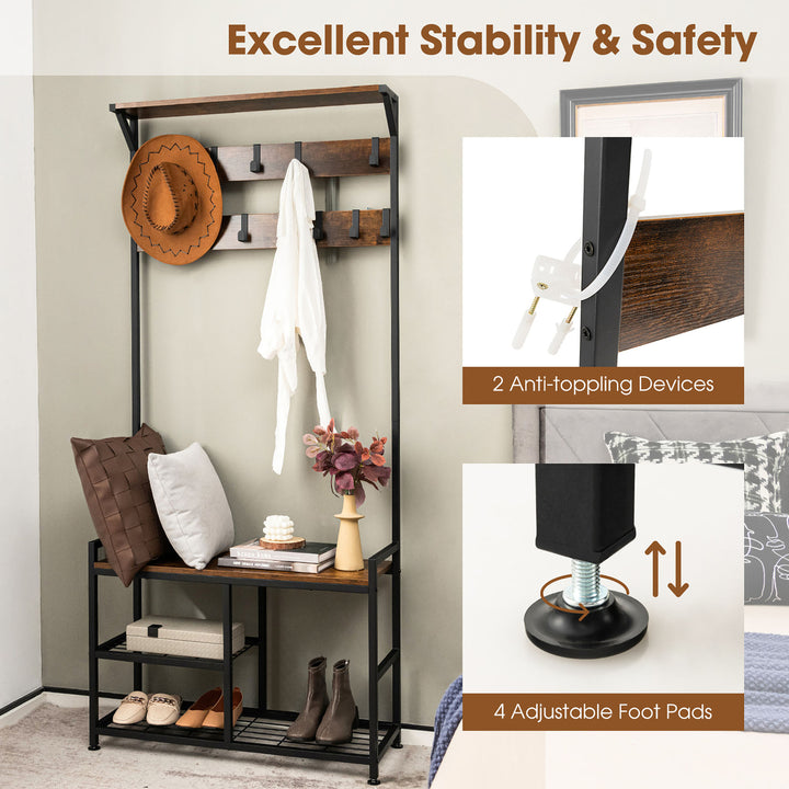 72 Freestanding Hall Tree 4-in-1 Coat Rack Shoe Bench w/ Top Shelf and 9 Removable Hooks Image 7