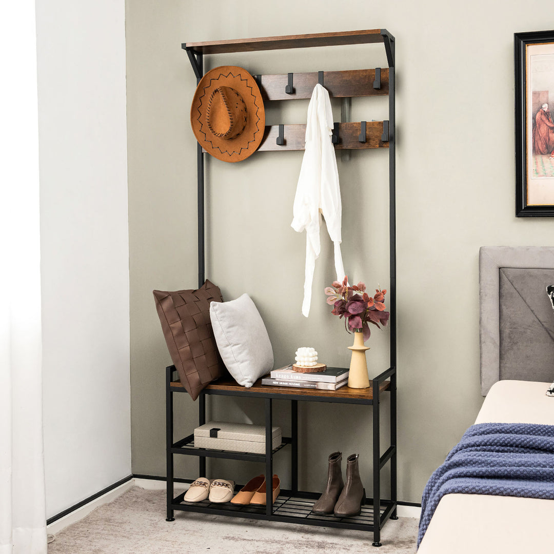 72 Freestanding Hall Tree 4-in-1 Coat Rack Shoe Bench w/ Top Shelf and 9 Removable Hooks Image 9