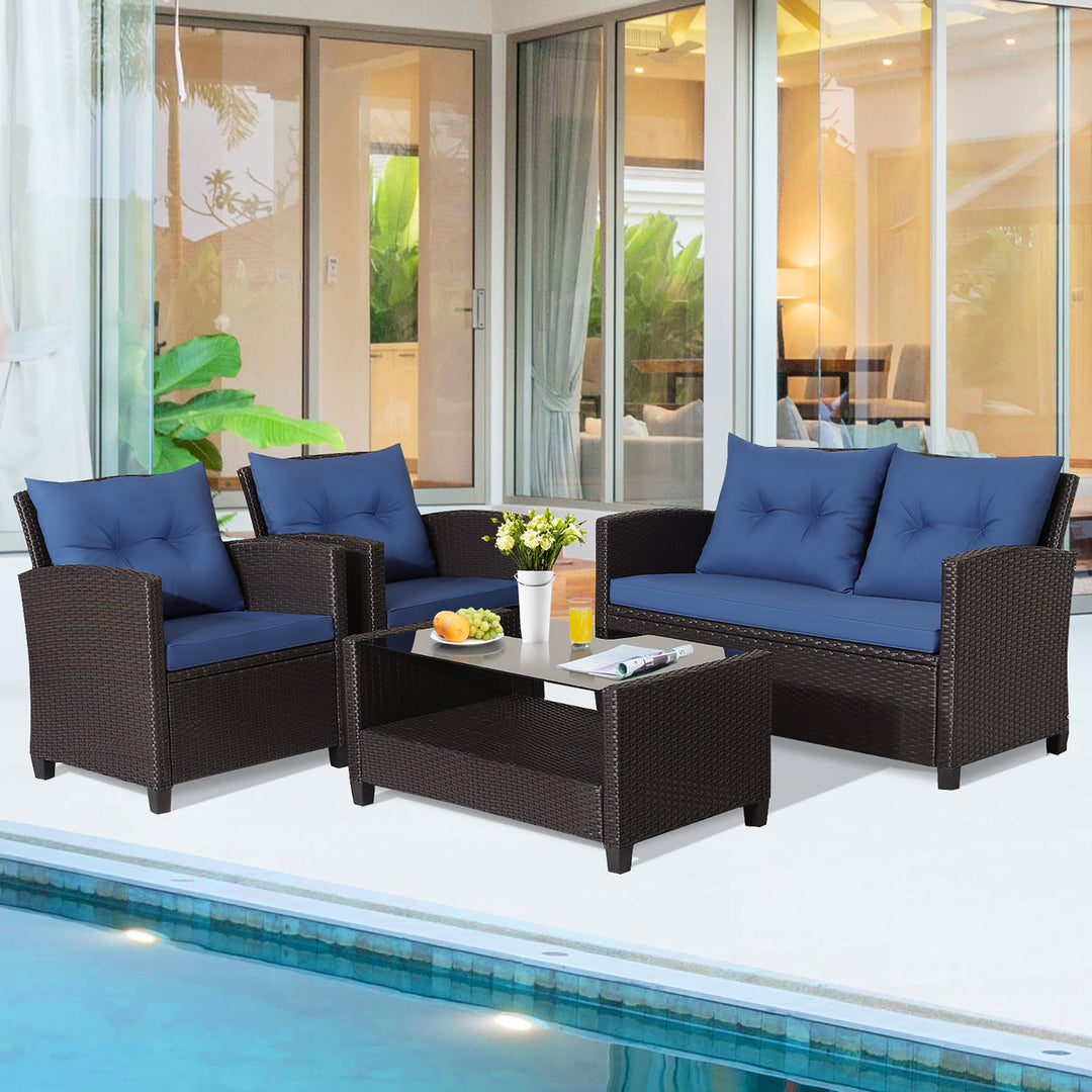 4PCS Outdoor Conversation Set Patio PE Rattan Set w/ Glass Table and Sofa Cushions Image 7