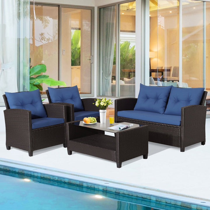 4PCS Outdoor Conversation Set Patio PE Rattan Set w/ Glass Table and Sofa Cushions Image 1