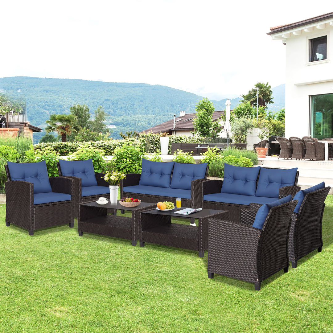 8PCS Outdoor Conversation Set Patio PE Rattan Set w/ Glass Table and Sofa Cushions Image 6