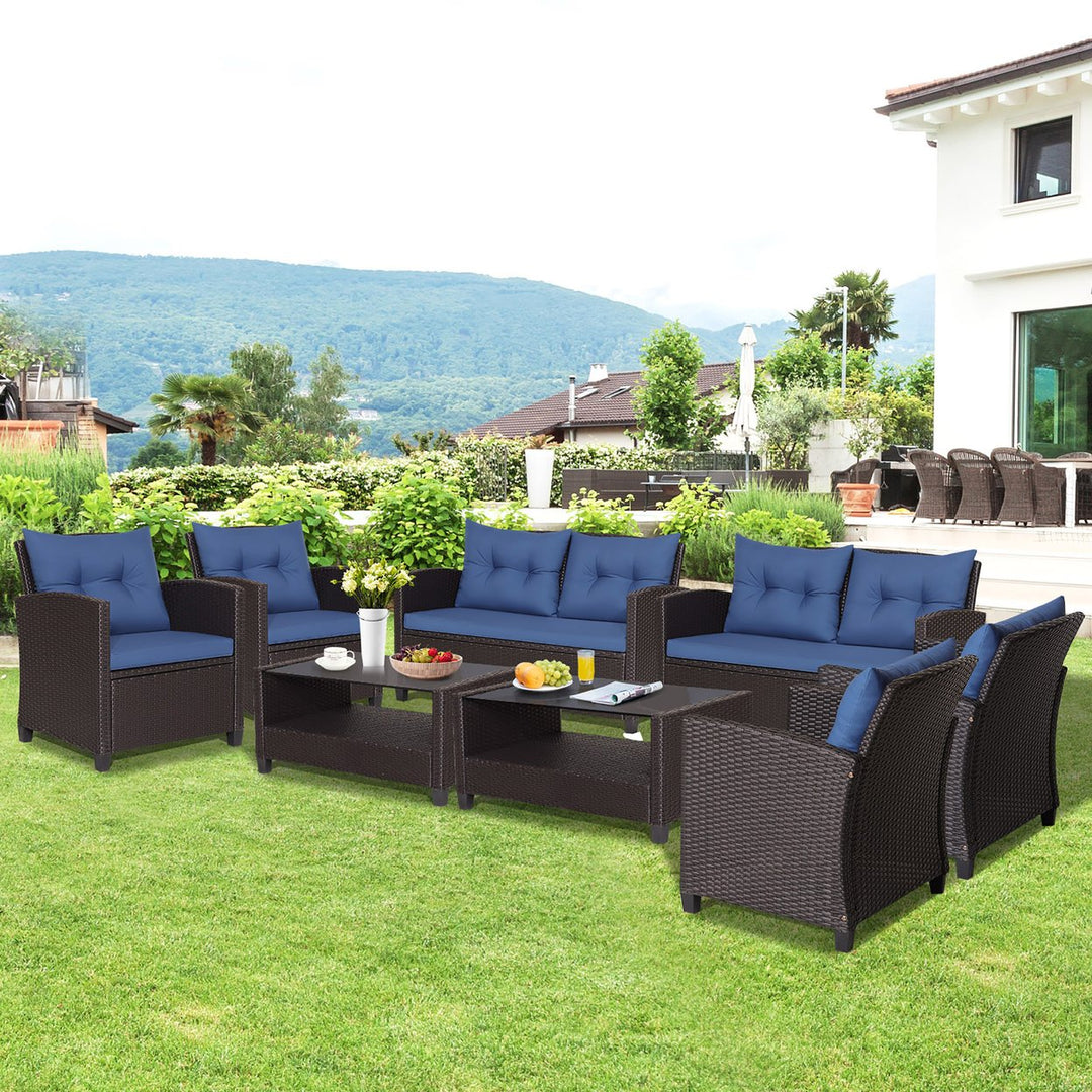 8PCS Outdoor Conversation Set Patio PE Rattan Set w/ Glass Table and Sofa Cushions Image 1