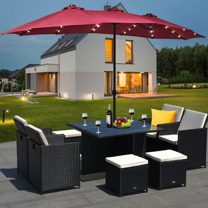 15Ft Patio Double-Sided Solar LED Market Umbrella Crank Base BeigeTanOrangeBurgundy Image 3