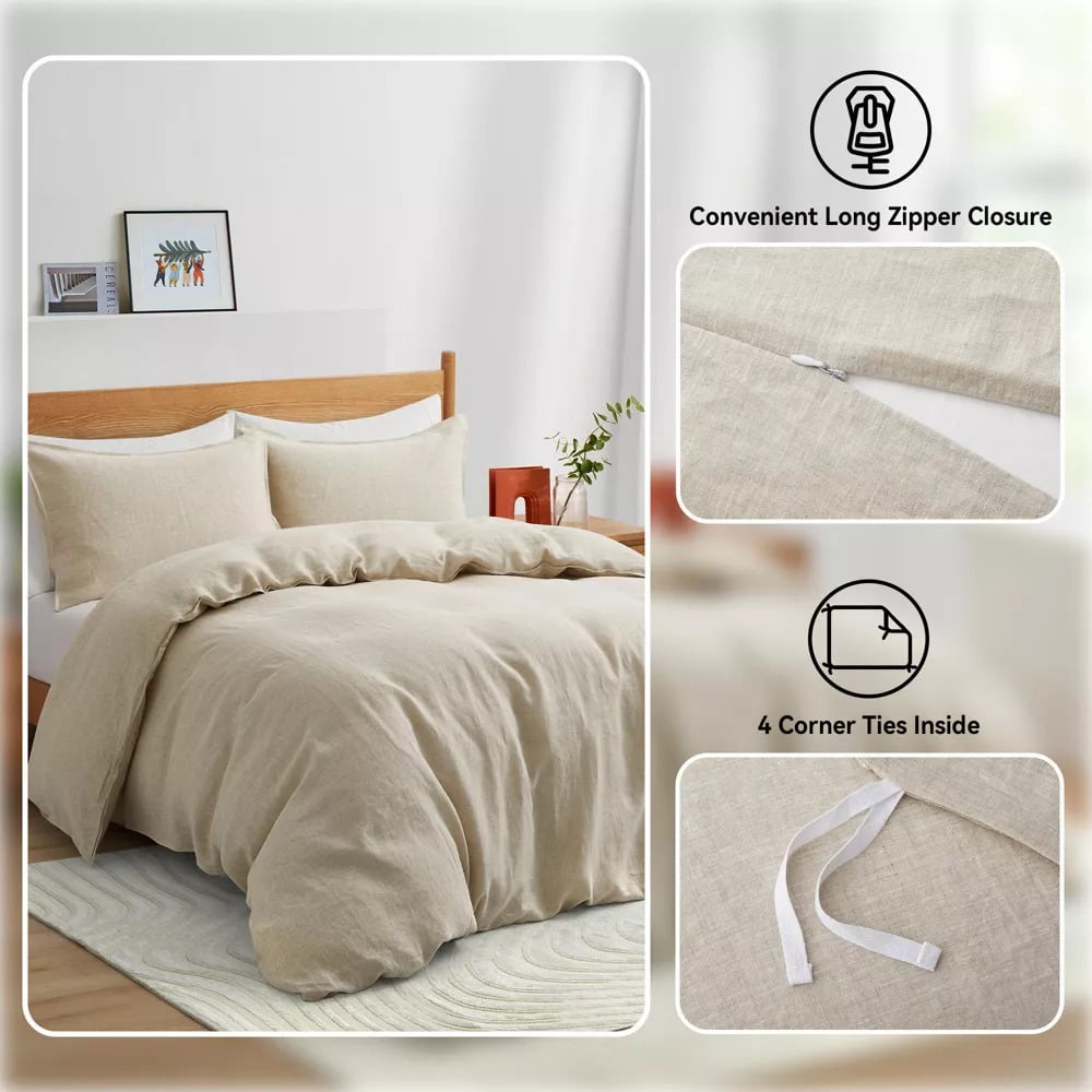 Premium Flax Linen Duvet Cover Set Twin Full Queen King Moisture Wicking Breathable Image 1