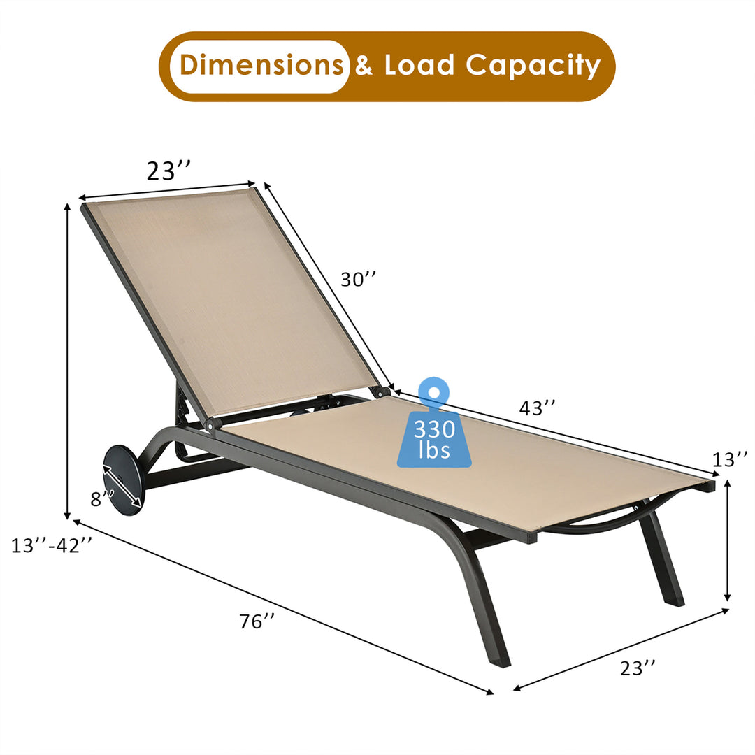 Set of 2 Patio Chaise Lounge Chair Aluminum Adjustable Recliner w/ Wheels Brown Image 3