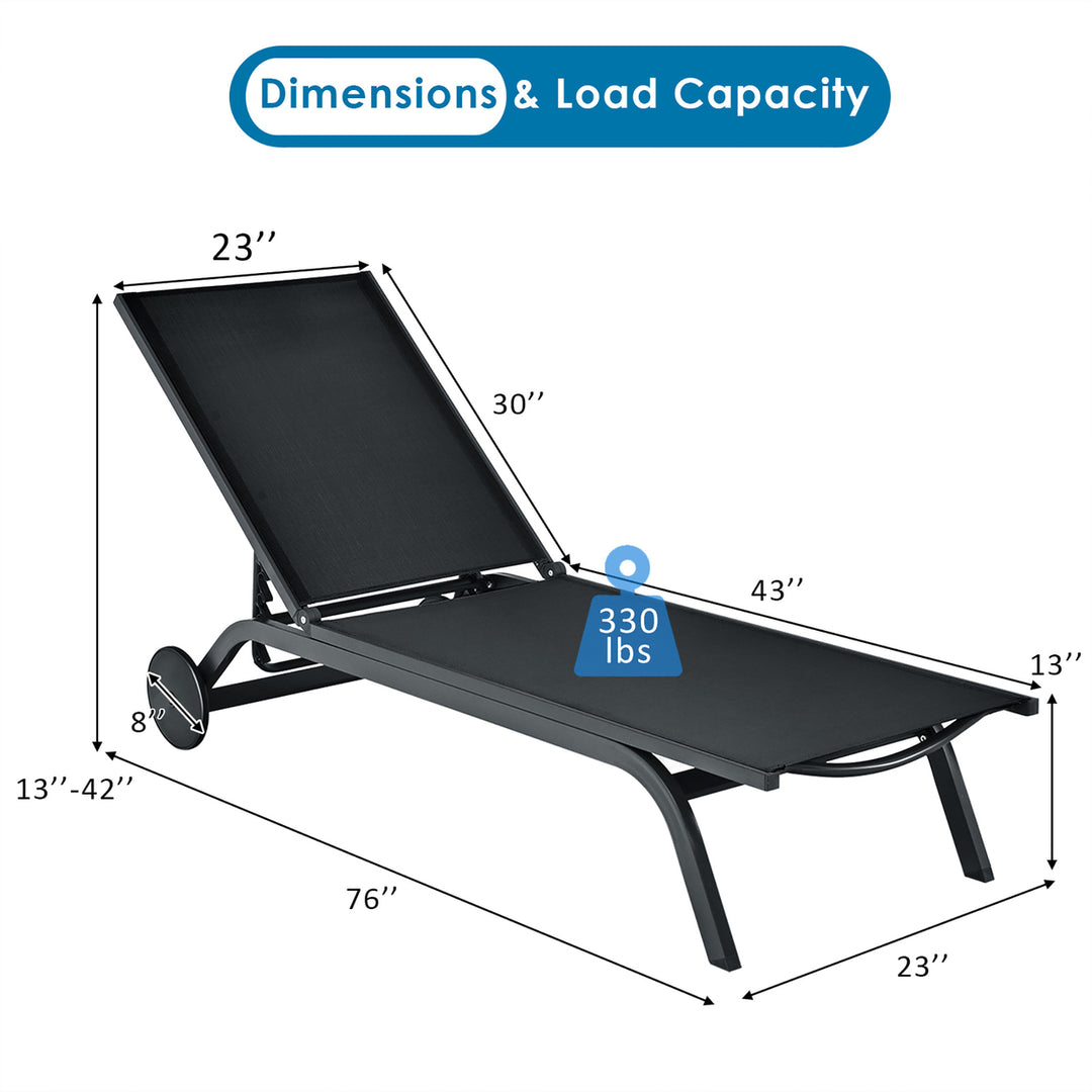 Patio Chaise Lounge Chair Aluminum Adjustable Recliner w/ Wheels Black Image 3