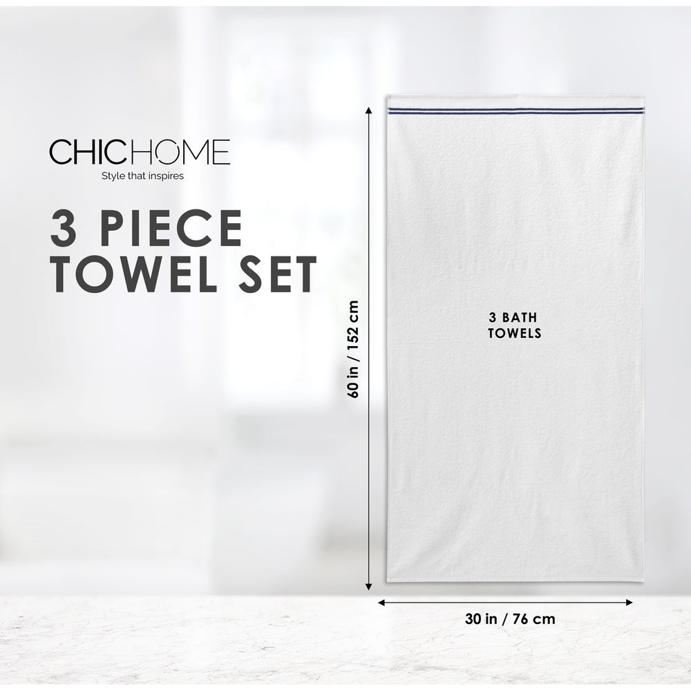 Chic Home Luxurious 3-Piece 100% Pure Turkish Cotton White Bath Towels 30" x 60" Striped Hem Image 2