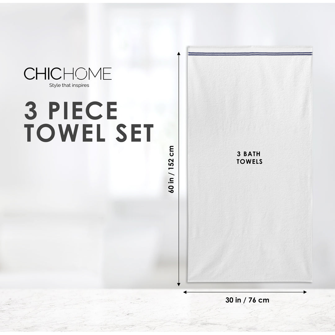 Chic Home Luxurious 3-Piece 100% Pure Turkish Cotton White Bath Towels 30" x 60" Striped Hem Image 2