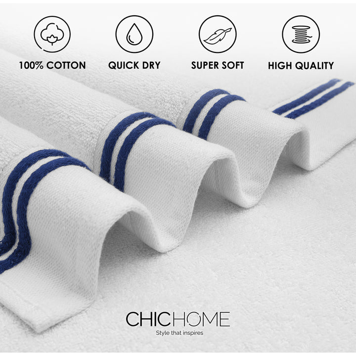 Chic Home Luxurious 3-Piece 100% Pure Turkish Cotton White Bath Towels 30" x 60" Striped Hem Image 3