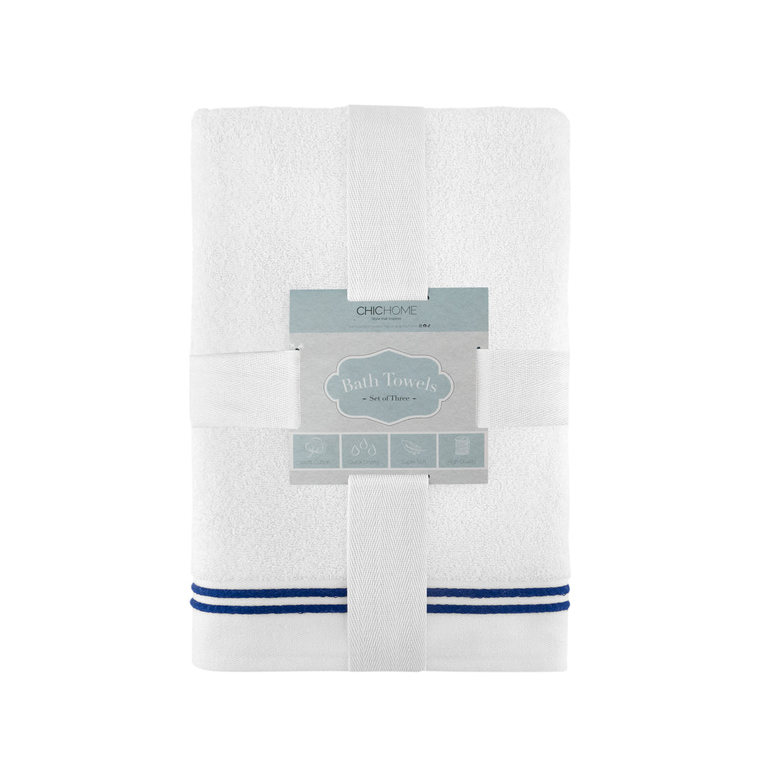 Chic Home Luxurious 3-Piece 100% Pure Turkish Cotton White Bath Towels 30" x 60" Striped Hem Image 4