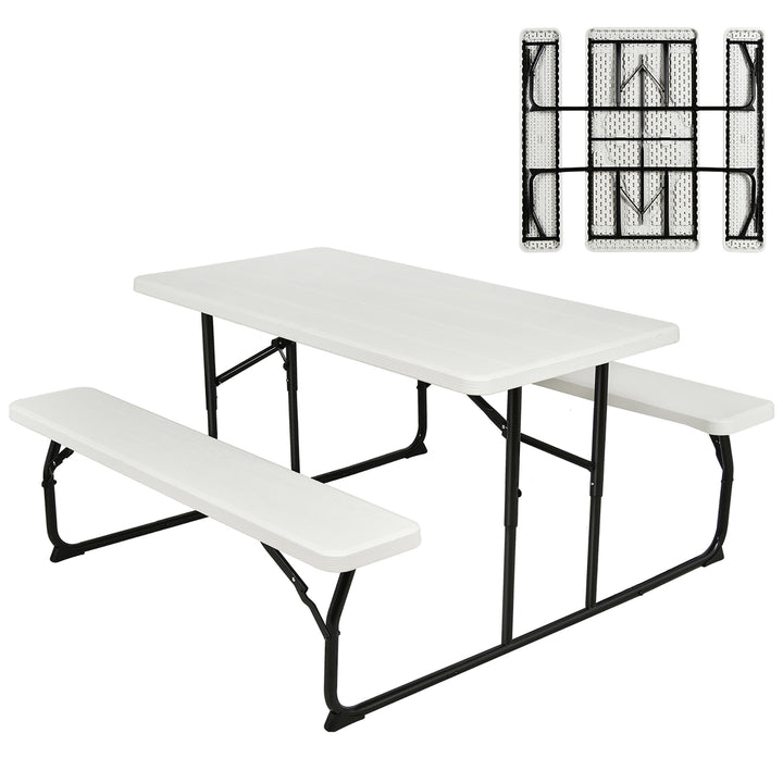 Costway Folding Picnic Table and Bench Set for Camping BBQ w/ Steel Frame White/Balck Image 1