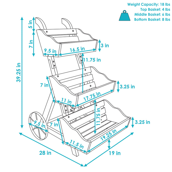 Sunnydaze 39.25 in 3-Tier Wood Rolling Planter Box with Iron Wheels - Brown Image 3