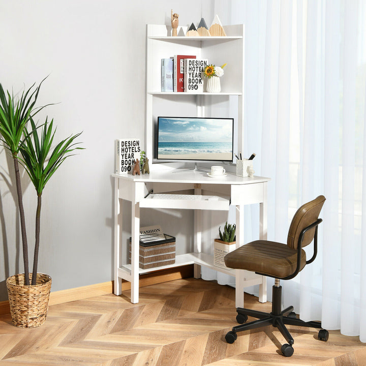 Corner Computer Desk Triangle Study Desk w/ Hutch and Keyboard Tray Image 3