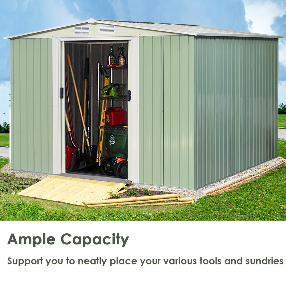 8.5x8.5FT Outdoor Garden Storage Shed Tool House Sliding Door Galvanized Steel Green Image 2