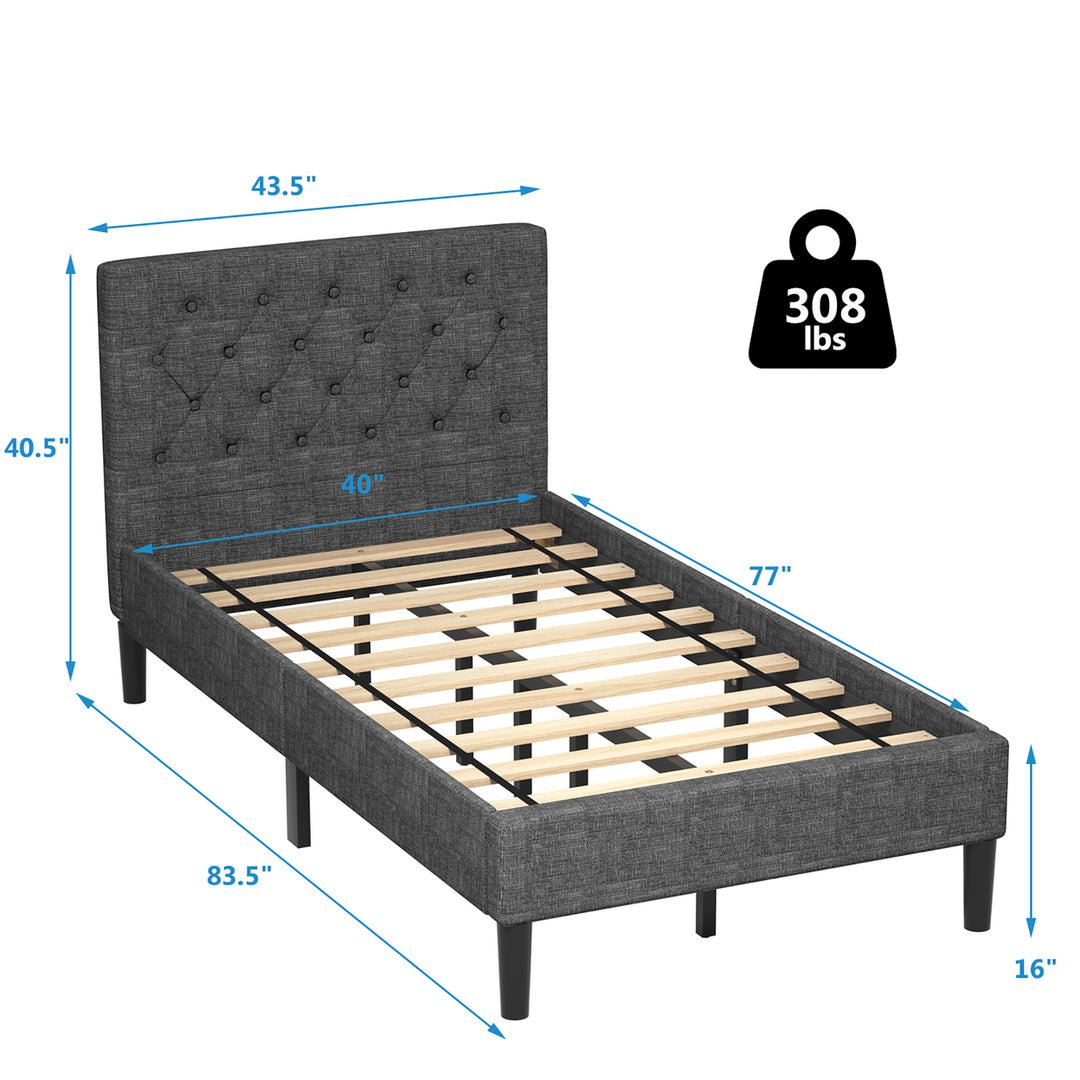 Twin Upholstered Bed Frame Diamond Stitched Headboard Wood Slat Support Image 2