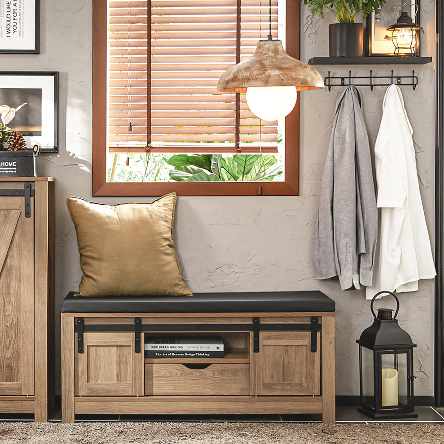 Haotian FSR118-BR, Barn-Door and Slide-Drawer Storage Bench Image 1