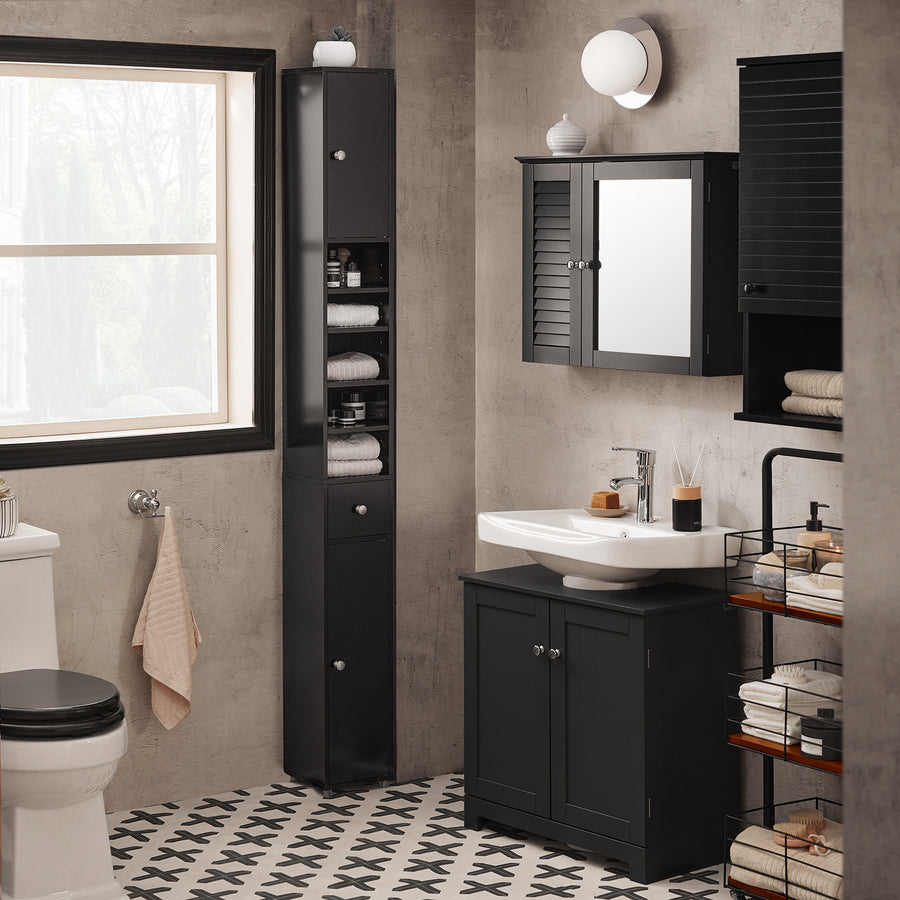 Haotian BZR34-SCH Black Bathroom Tall Cabinet MDF 5 Storage Compartments Image 1