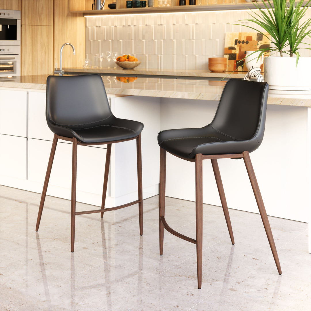 Magnus Counter Stool Set of 2 Black Faux Leather Walnut Legs Modern Design Image 7