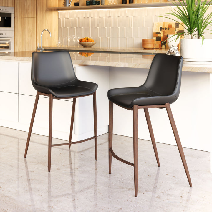 Magnus Counter Stool Set of 2 Black Faux Leather Walnut Legs Modern Design Image 7