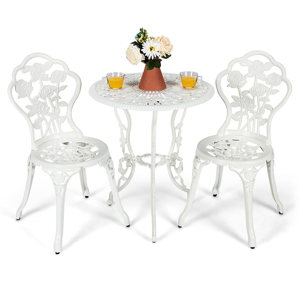 3PCS Cast Aluminum Patio Bistro Furniture Set Rose Design Outdoor White Image 2