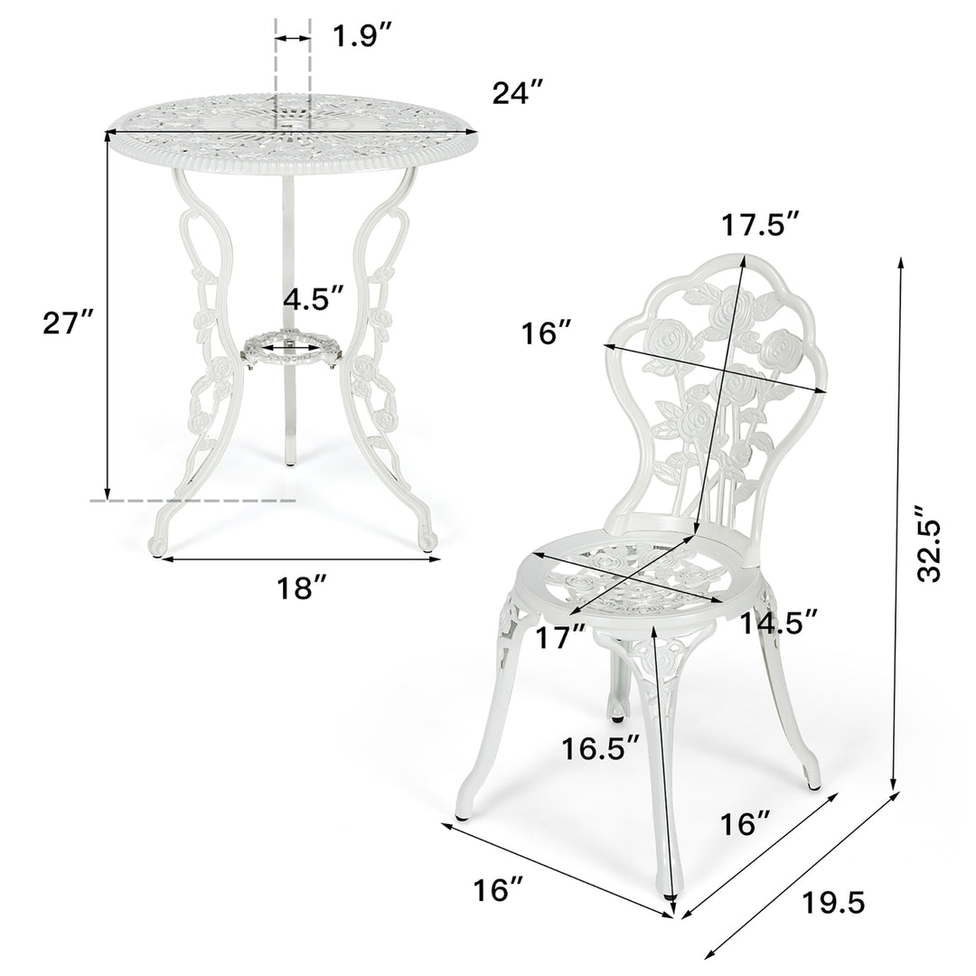 3PCS Cast Aluminum Patio Bistro Furniture Set Rose Design Outdoor White Image 3