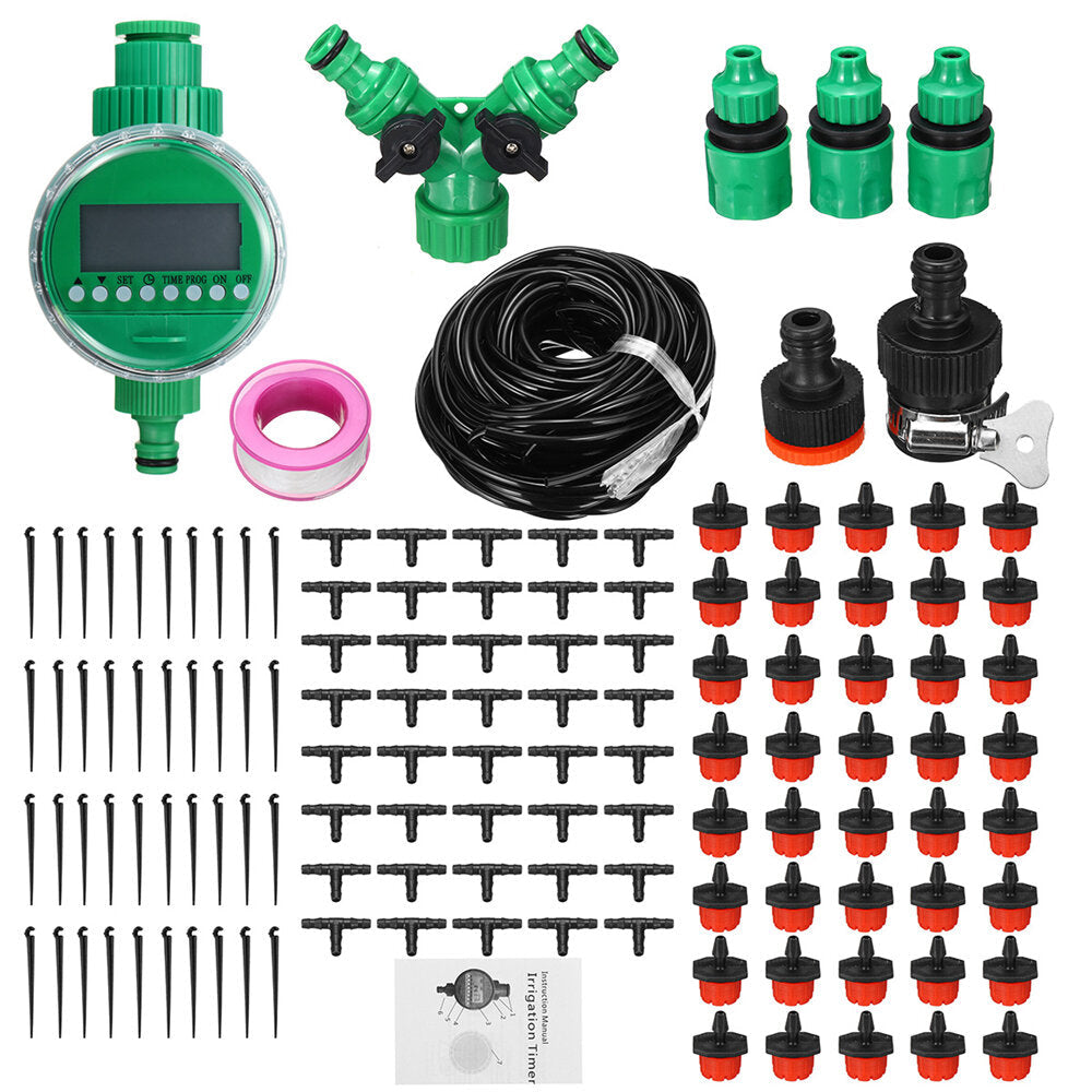 15,25,30,40,50m Drip Hose Water Irrigation System + Auto Timer Greenhouse Plants Kit Image 1