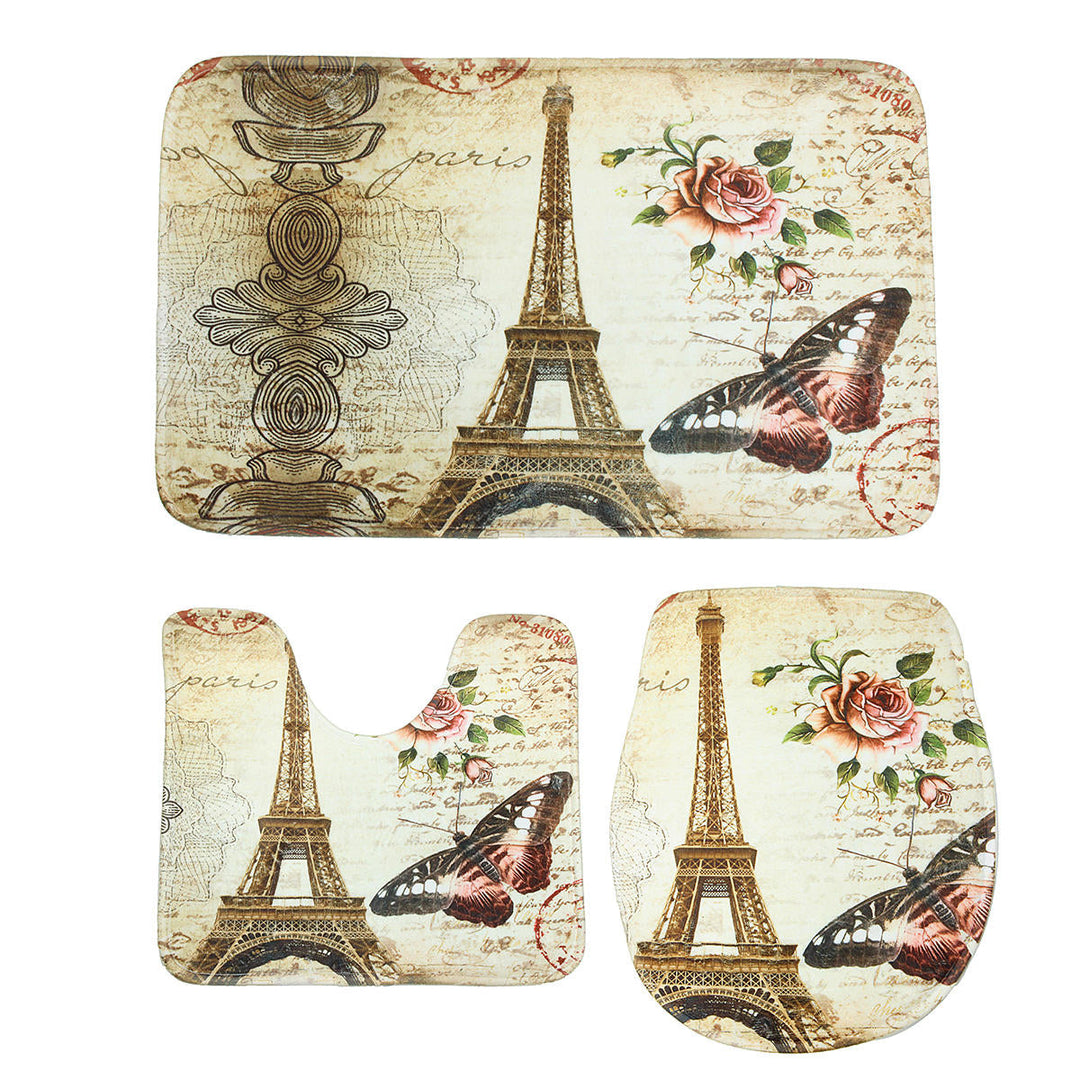 3Pcs,Set Eiffel Tower Flannel Floor Pedestal Rug Lid Toilet Cover Bath Carpet Mat Image 1