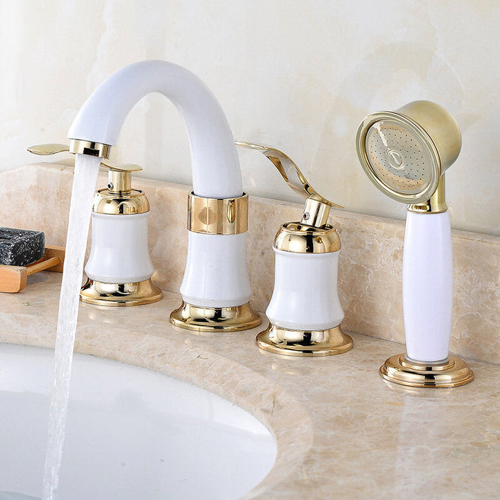 4PCS Bathroom Faucet 2 Handles Widespread Basin Water Mixer Brass Tap With Showerhead Image 3