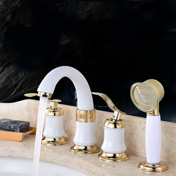 4PCS Bathroom Faucet 2 Handles Widespread Basin Water Mixer Brass Tap With Showerhead Image 4