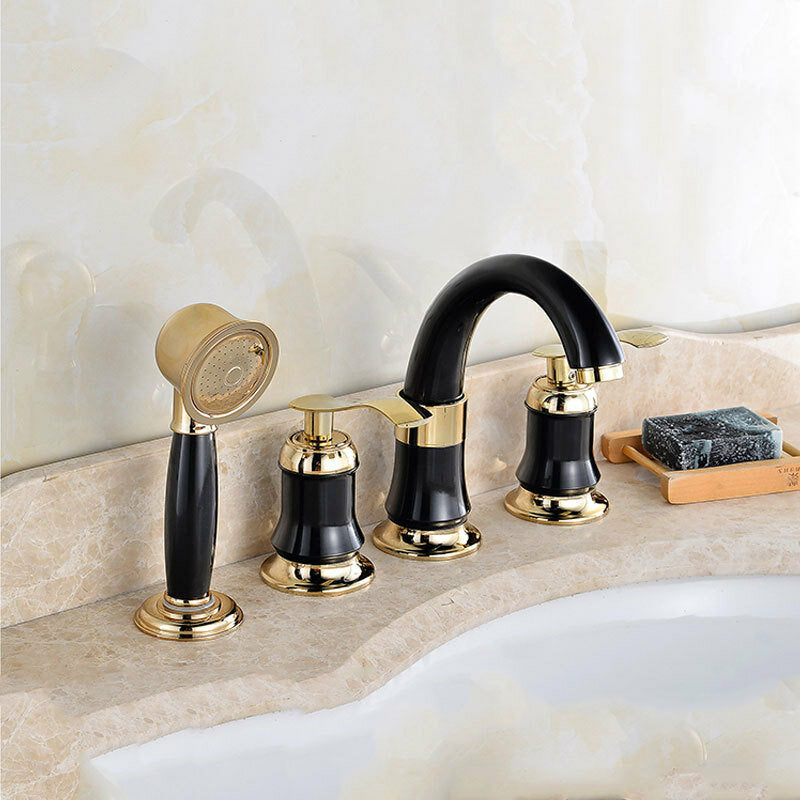 4PCS Bathroom Faucet 2 Handles Widespread Basin Water Mixer Brass Tap With Showerhead Image 5