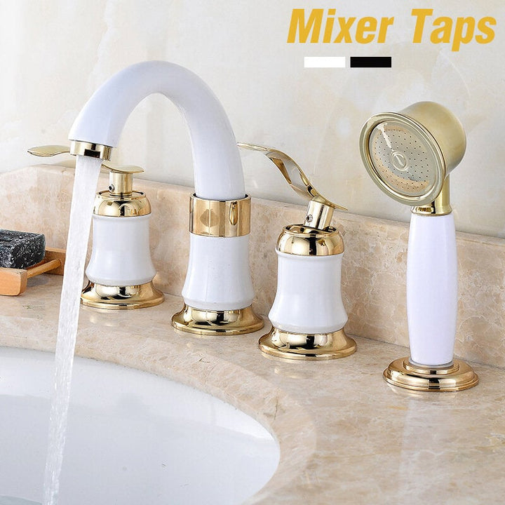 4PCS Bathroom Faucet 2 Handles Widespread Basin Water Mixer Brass Tap With Showerhead Image 1