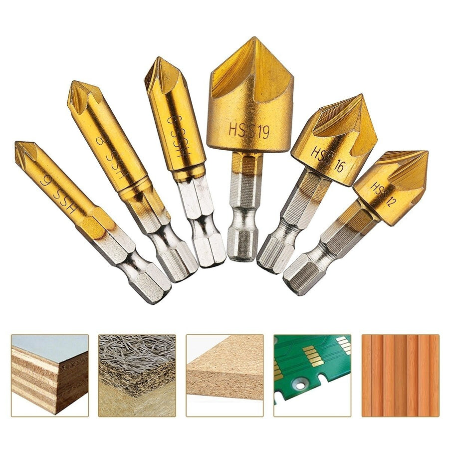 6Pcs 6-19mm Countersink Drill Bit 5 Flutes Hex Shank Titanium Coated Chamfer Cutter Set Image 1