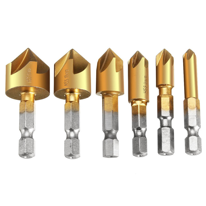 6Pcs 6-19mm Countersink Drill Bit 5 Flutes Hex Shank Titanium Coated Chamfer Cutter Set Image 2