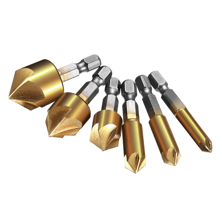 6Pcs 6-19mm Countersink Drill Bit 5 Flutes Hex Shank Titanium Coated Chamfer Cutter Set Image 3