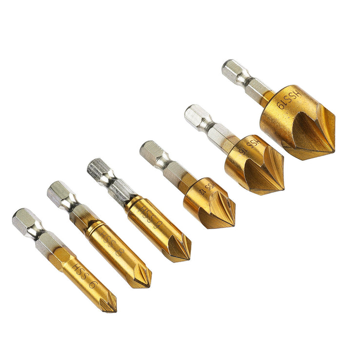 6Pcs 6-19mm Countersink Drill Bit 5 Flutes Hex Shank Titanium Coated Chamfer Cutter Set Image 4