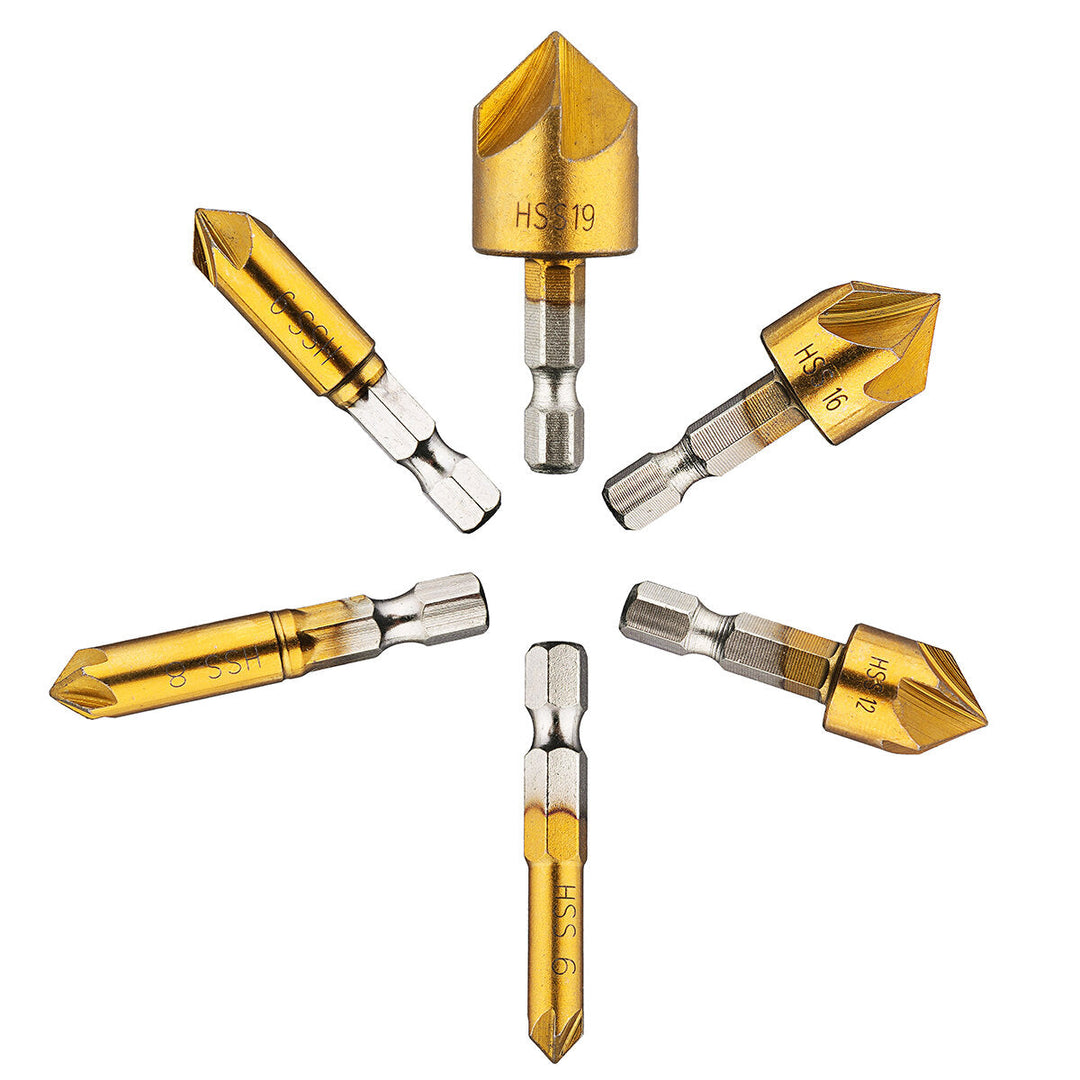 6Pcs 6-19mm Countersink Drill Bit 5 Flutes Hex Shank Titanium Coated Chamfer Cutter Set Image 5