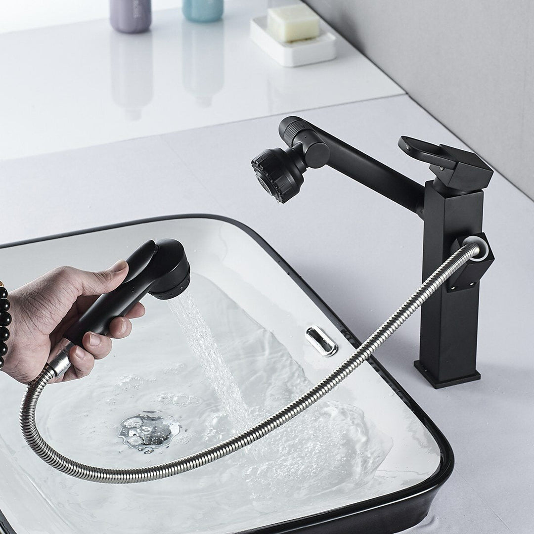 Bathroom Faucet Pull-Out Sink Adjustable and Rotatable with Sprayer Two Flow Modes Modern Lavatory Basin Image 3