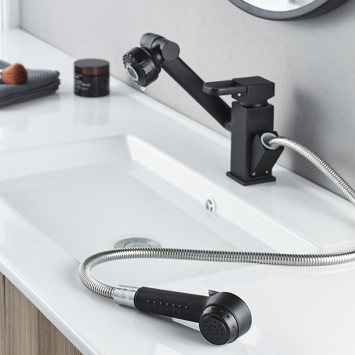 Bathroom Faucet Pull-Out Sink Adjustable and Rotatable with Sprayer Two Flow Modes Modern Lavatory Basin Image 5