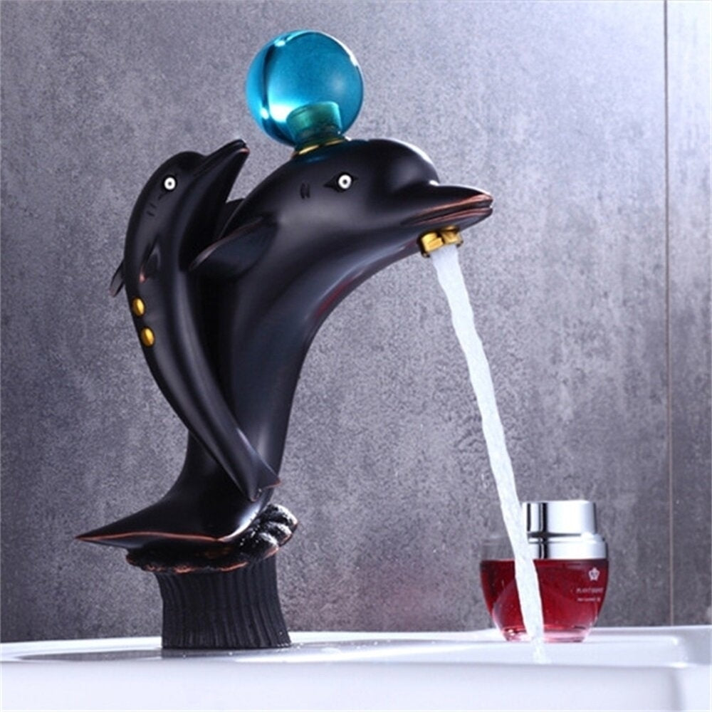 Black Bathroom Basin Faucet Brass Dolphin Single Hole Hot And Cold Sink Mixer Tap Image 2