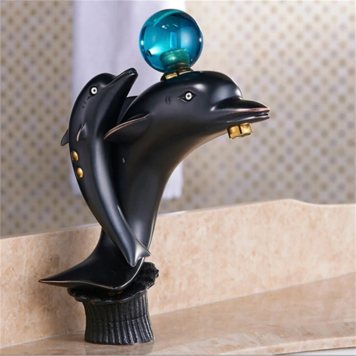 Black Bathroom Basin Faucet Brass Dolphin Single Hole Hot And Cold Sink Mixer Tap Image 3