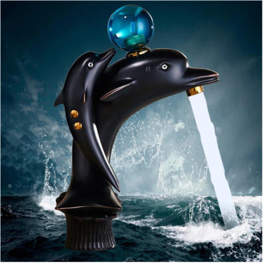 Black Bathroom Basin Faucet Brass Dolphin Single Hole Hot And Cold Sink Mixer Tap Image 4